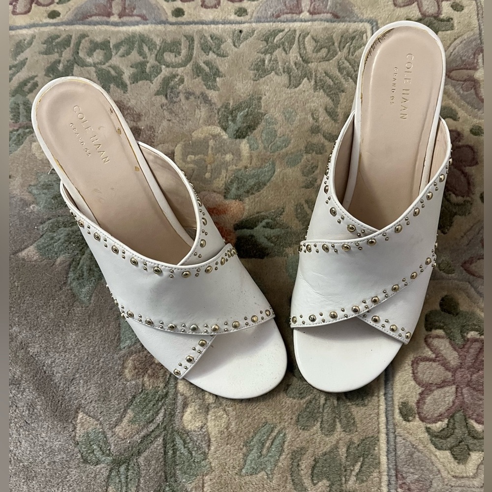Cole Haan White Studded Leather Slide Sandals